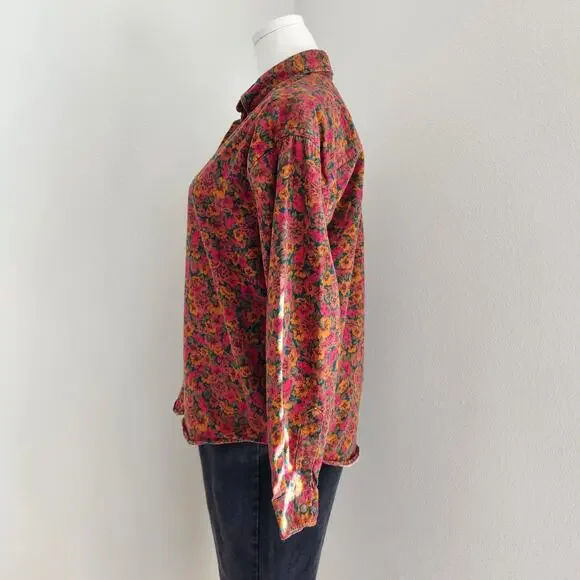 Vintage 90s Land's End Red Green Orange Autumn Fall Floral Button Down Shirt L - Picture 6 of 9